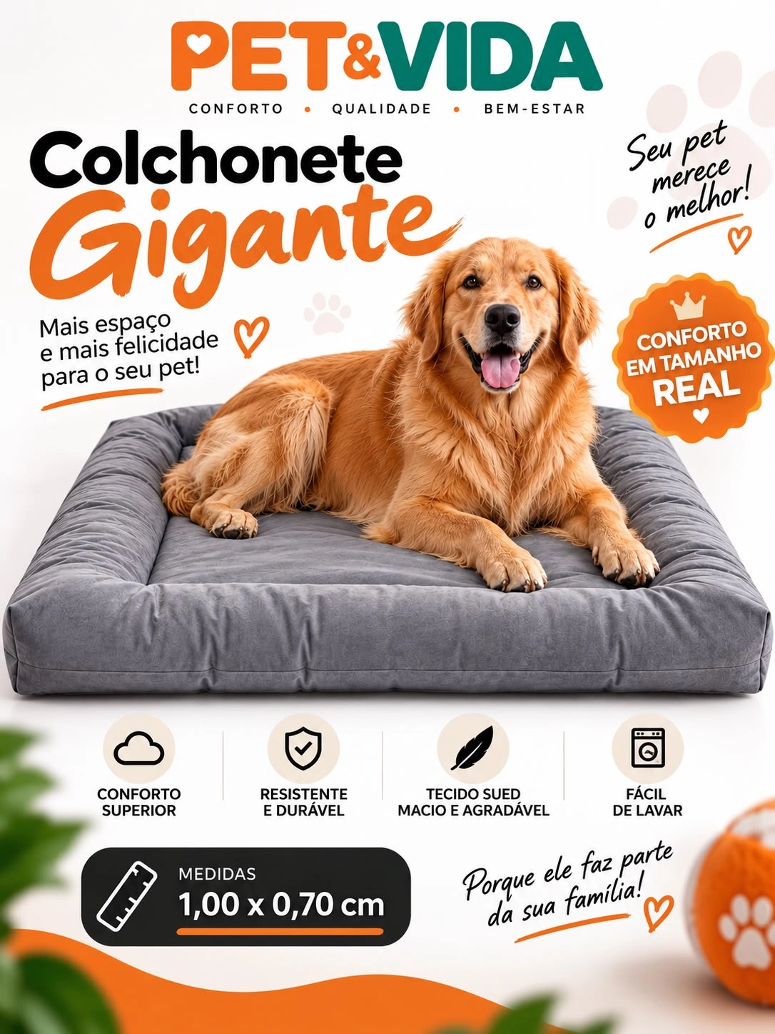 Cachorro deitado no Colchonete Gigante Pet & Vida cinza, com medidas de 1,00 por 0,70 metro