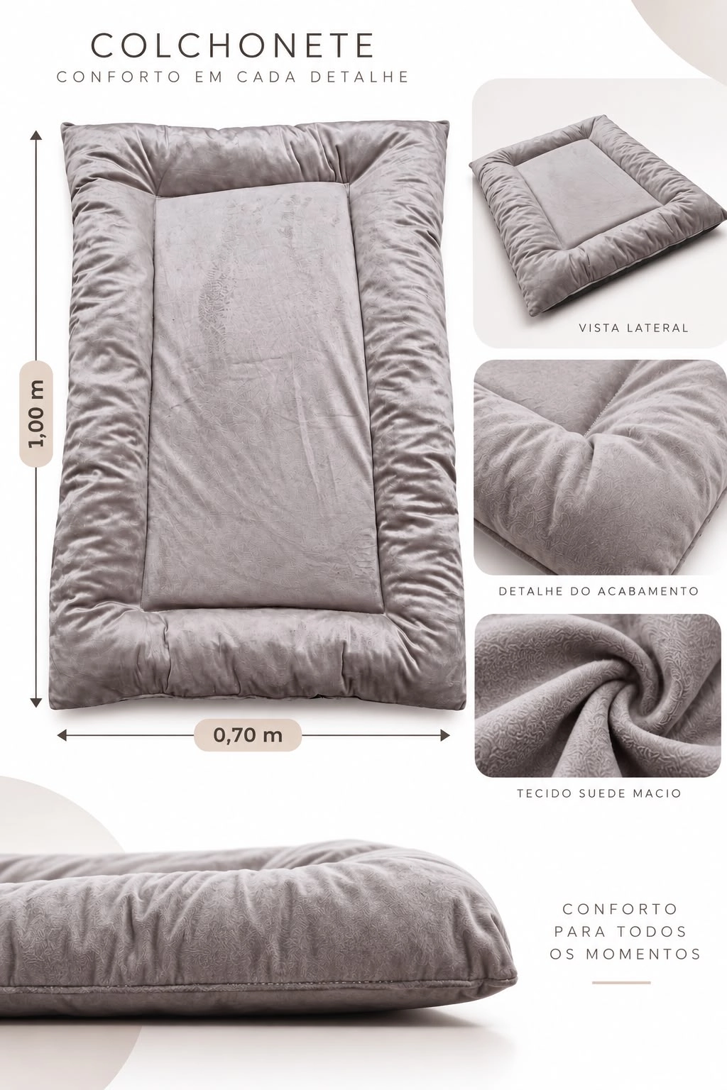 Detalhes do Colchonete Gigante Pet & Vida cinza, incluindo medidas, acabamento e tecido suede