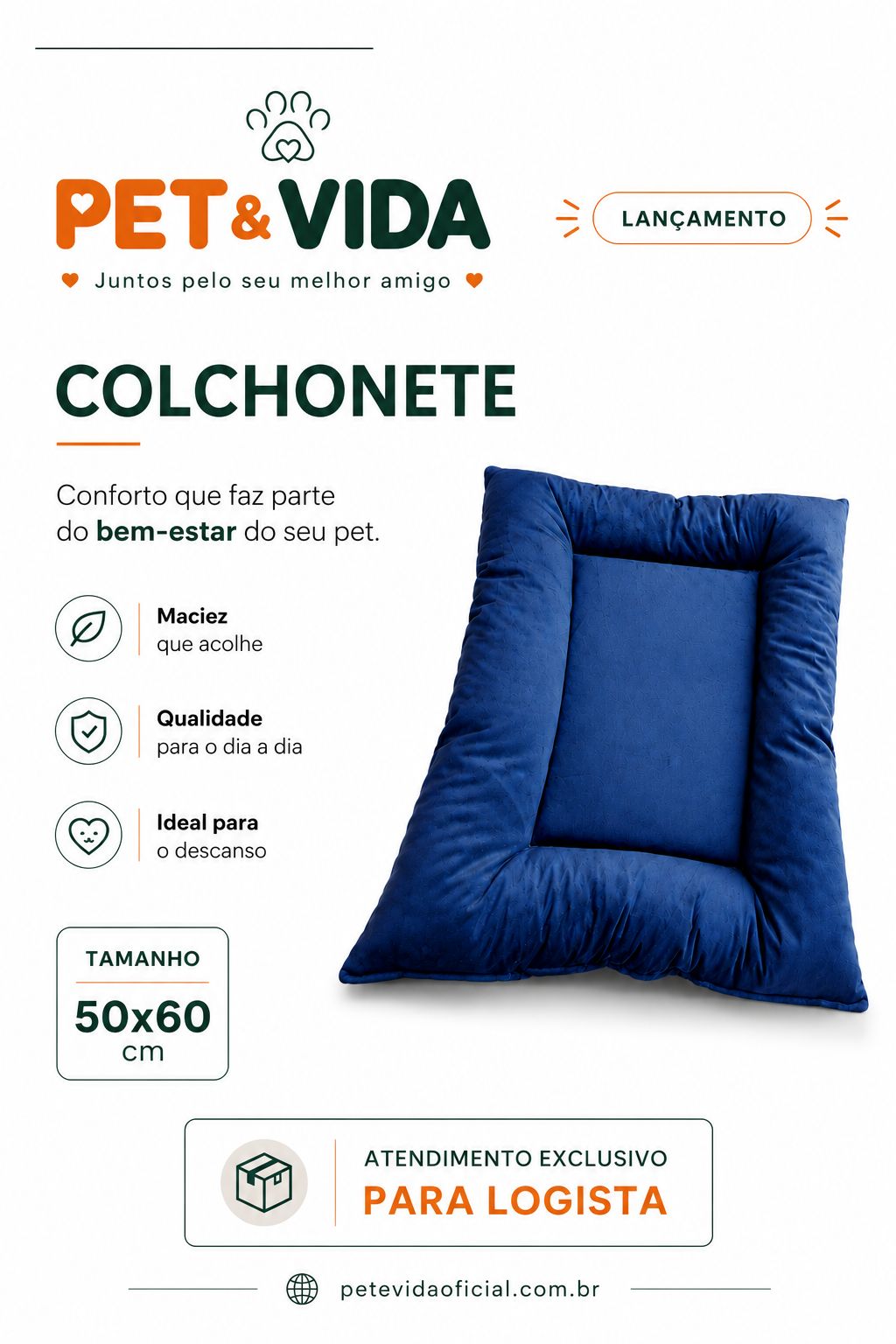 Colchonete azul Pet & Vida para cães e gatos no tamanho 50 por 60 centímetros