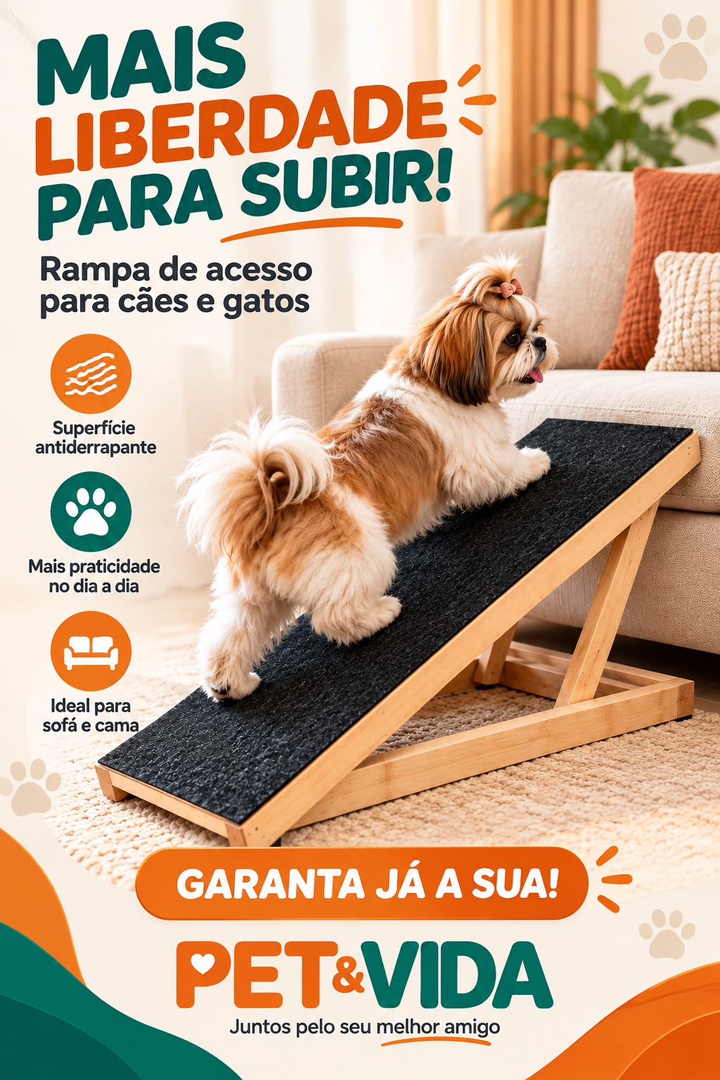 Cachorro usando a rampa de acesso Pet & Vida em frente a um sofá