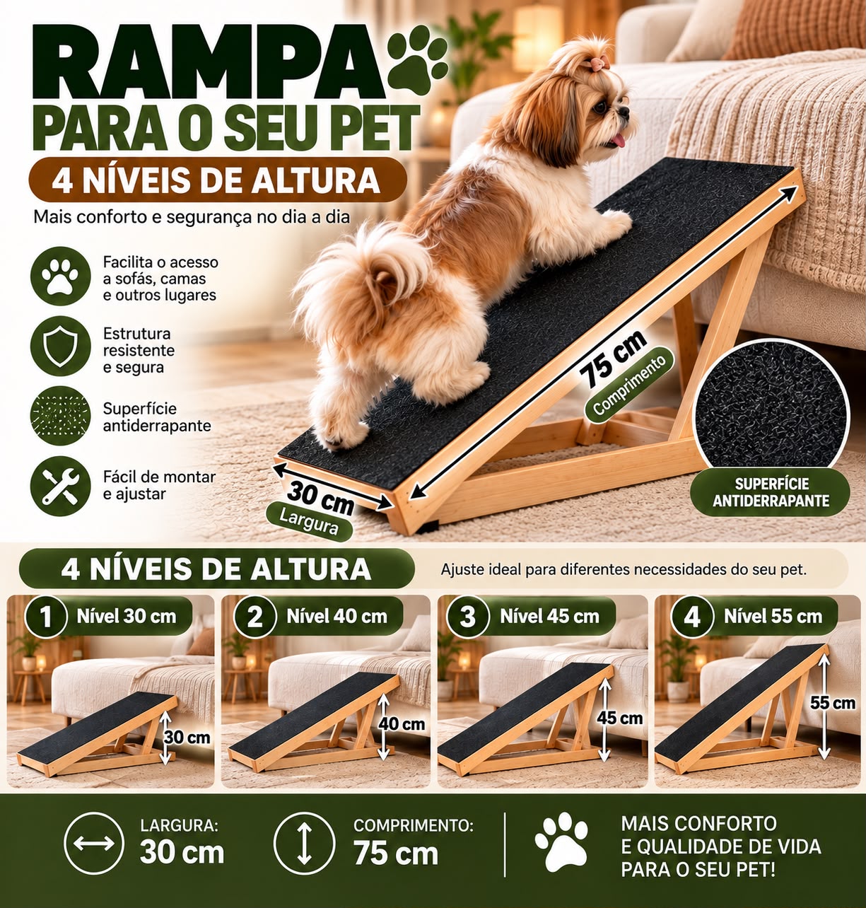 Rampa Pet & Vida para cães com quatro níveis de altura, superfície antiderrapante e medidas de 30 por 75 centímetros