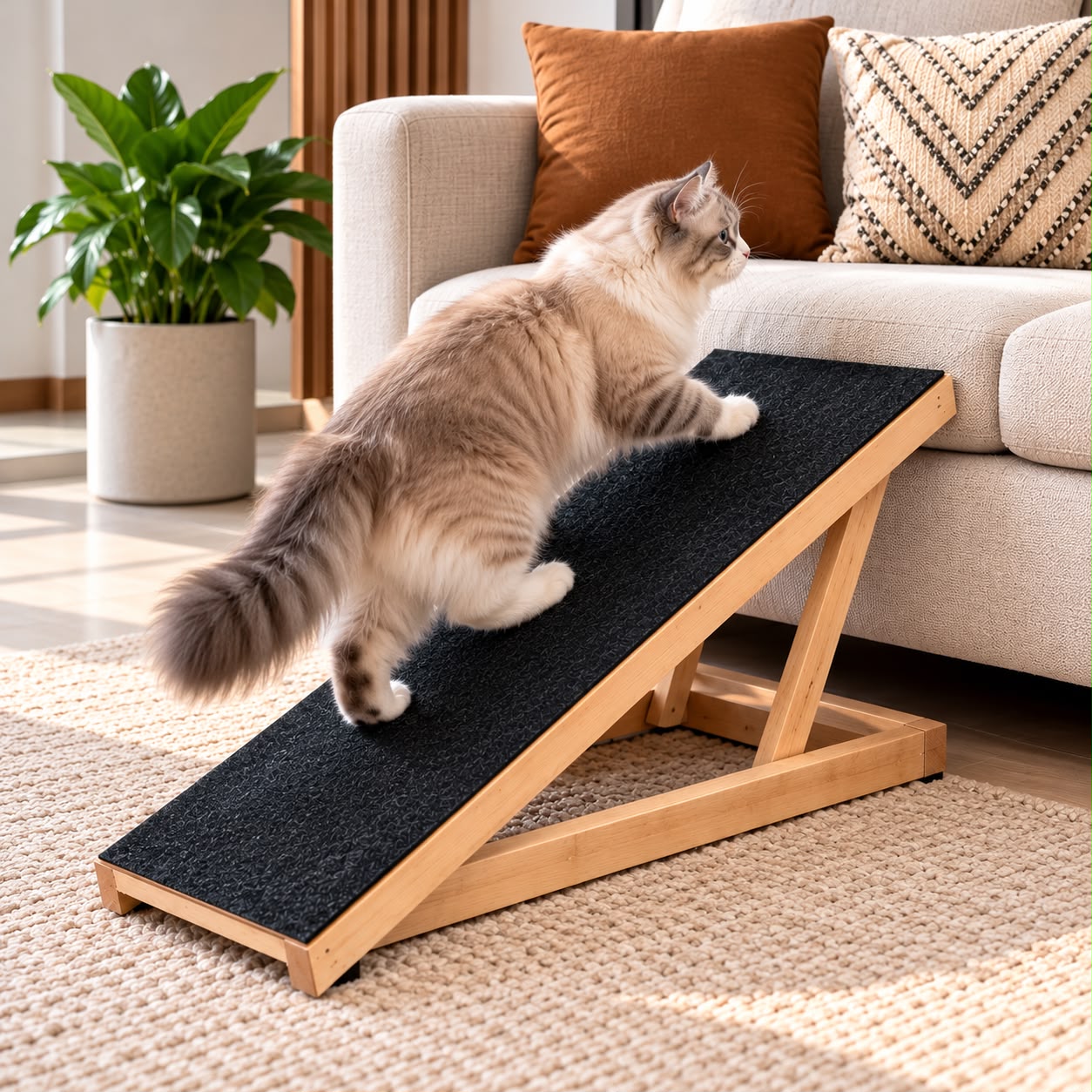 Gato subindo em uma rampa de madeira Pet & Vida com superfície antiderrapante